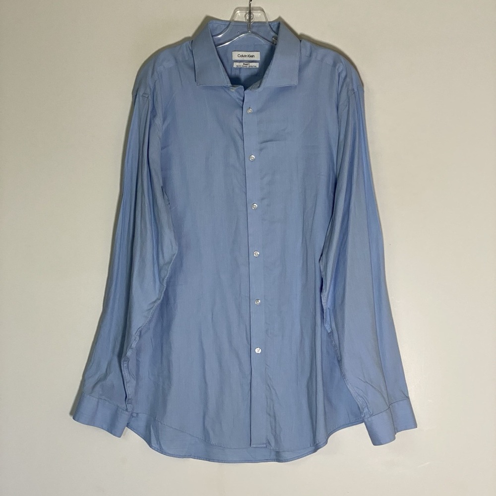 Calvin Klein Shirt Mens XL 17.5 34/35 Blue Steel+ Slim Fit Stretch Business Nice
